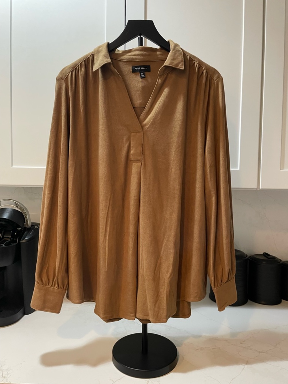 Well Worn Tan Satin-Feel V-Neck Blouse (0028)